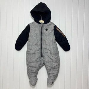 Timberland Gray And Black Quilted Padded Zip Hooded Snowsuit‎ - Size 6/9M